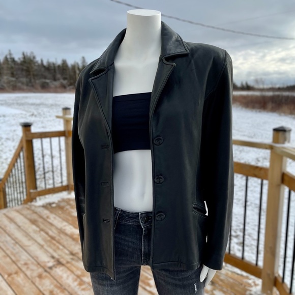 Vintage Leather Black Blazer Trench Jacket Buttery Soft - Picture 3 of 15